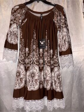 White Mark Brown and White Lace-Trimmed Midi Dress.